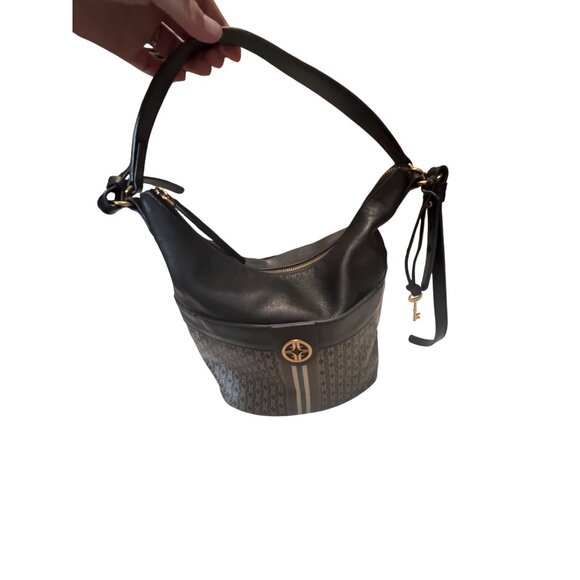 Fossil Womens Black & Brown Signature Monogram Crossbody Bag With Adjustable Str - Picture 3 of 6